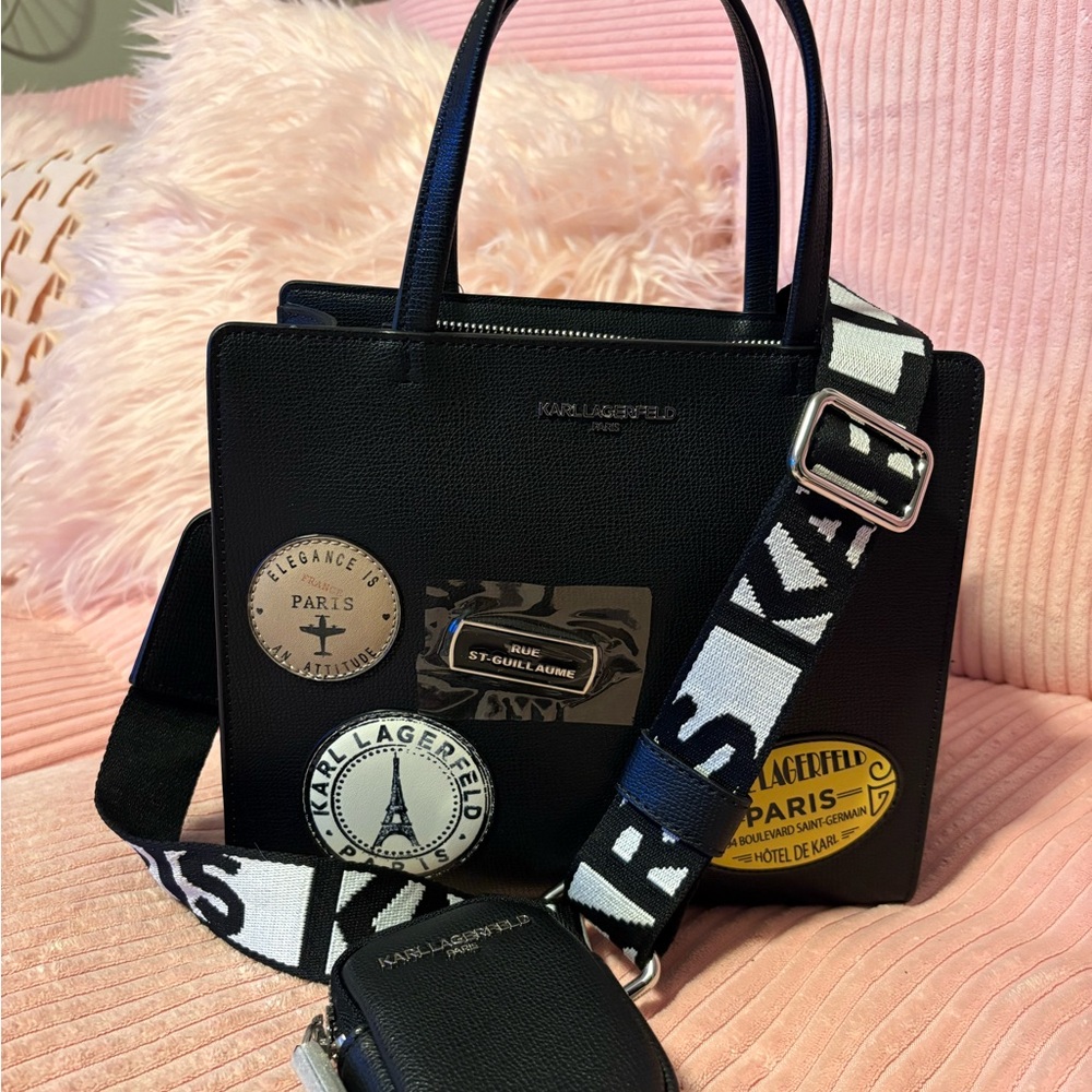 Karl Lagerfeld Paris Black Crossbody Bag with White and Yellow Accents